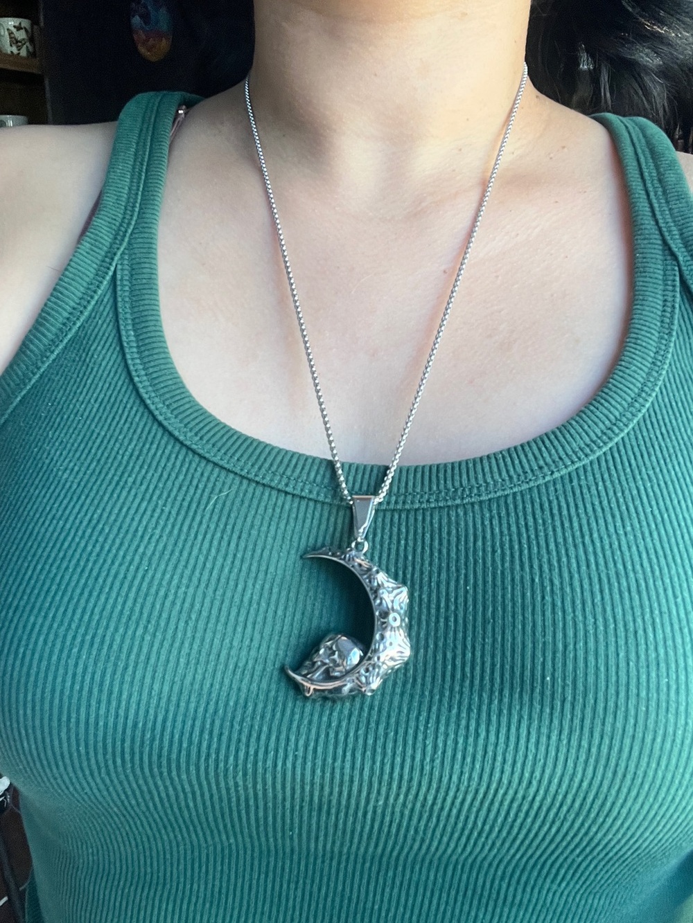 Sterling-Style Moon & Skull Pendant Necklace in Silver